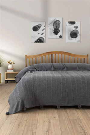 Çift Kişilik Ponponlu Triko Örme Battaniye - Modern & Şık Yatak Örtüsü -gri - 220x240 Cm
