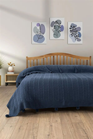 Çift Kişilik Triko Örme Battaniye - Ponponlu Şık & Yumuşak Yatak Örtüsü - İndigo Mavi - 220x240 cm