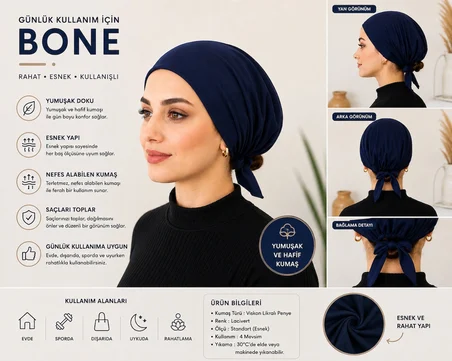 Lacivert Kadın Bağlamalı Bone – Şık ve Rahat Günlük Bone
