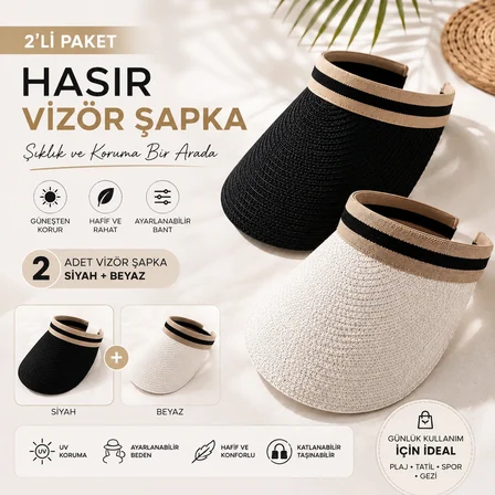 2'li Siyah-Beyaz Hasır Vizör Şapka