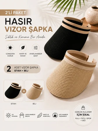2'li Siyah - Bej Hasır Vizör Şapka