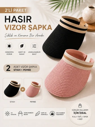 2'li Siyah - Pembe Hasır Vizör Şapka