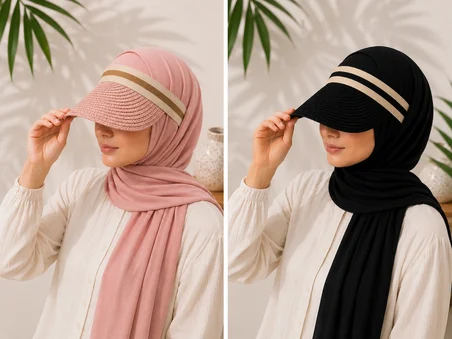 2'li Siyah - Pembe Hasır Vizör Şapka