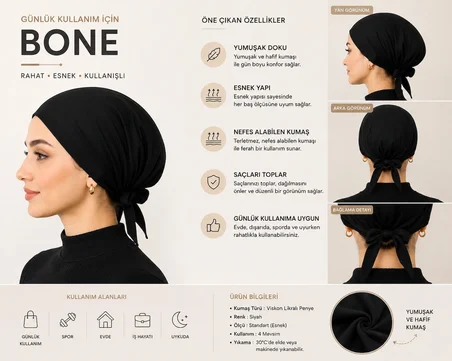Siyah Kadın Bağlamalı Bone – Şık ve Rahat Günlük Bone