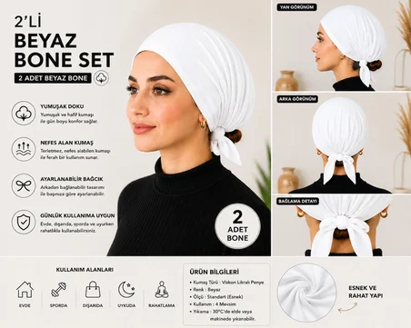 2'li Beyaz Kadın Bağlamalı Bone – Şık ve Rahat Günlük Bone
