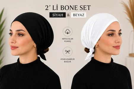 2'li Siyah-Beyaz Kadın Bağlamalı Bone – Şık ve Rahat Günlük Bone