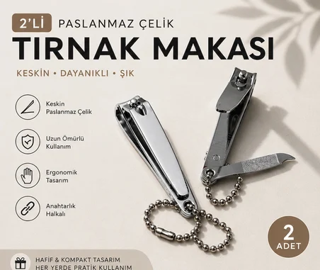 2’li Paslanmaz Çelik Tırnak Makası – Anahtarlık Halkalı, Kompakt Tasarım