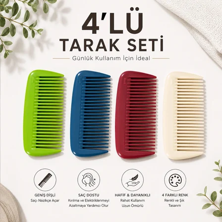 4’lü Tarak Seti – Geniş Dişli, Saç Dostu Günlük Tarak