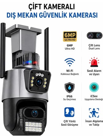 8 mp 4K Full Hd Çift Lensi Alarmlı Su Geçirmez Dış Mekan Güvenlik Kamerası