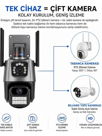 8 mp 4K Full Hd Çift Lensi Alarmlı Su Geçirmez Dış Mekan Güvenlik Kamerası