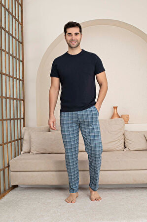 Erkek Ekose Desen Düğmesiz Yuvarlak Yaka Modal Yazlık Kısa  Kol Cepli Pijama Takımı