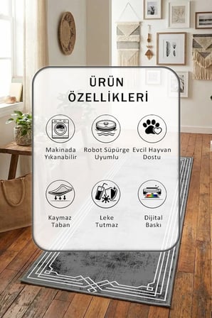 Yıkanabilir Kaymaz Ehl-61 Dijital Baskılı Yolluk Halı Tüy Tutmaz