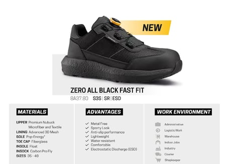 Toworkfor Zero All Black Fast Fit | S3S | SR | ESD Kompozit Burun İş Ayakkabısı