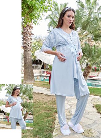 Bone Club 5605 Mavi V Yaka  3Lü Hamile Lohusa Pijama Sabahlık Tk