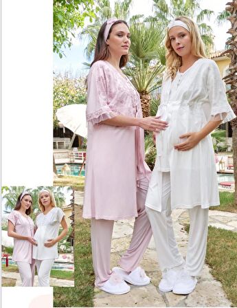 Bone Club 5605 Ekru V Yaka  3Lü Hamile Lohusa Pijama Sabahlık Tk