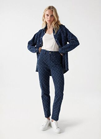 Koyu Mavi Kadın Yüksek Bel Mom Fit Denim Pantolon JACQUARD TRUE TROUSERS 21007036