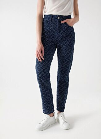 Koyu Mavi Kadın Yüksek Bel Mom Fit Denim Pantolon JACQUARD TRUE TROUSERS 21007036