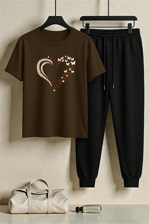 Unisex Leoparlı Kelebekli Kalp Tasarım Baskılı Tişört - 2'li Eşofman Takımı