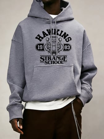 Strange School 1983 Baskılı Erkek Günlük Giyim Modası Bol Kapüşonlu Üstler Her Şeyle Uyumlu S