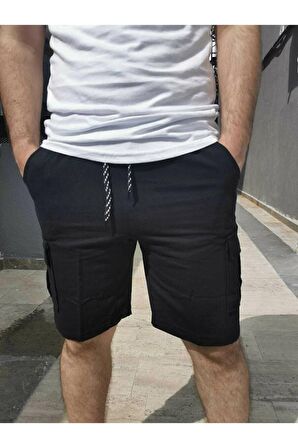 Erkek Siyah Pamuk Spor Kargo Cepli 2 Iplik Şort