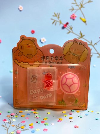 Mini Anahtarlıklı Not Defteri (5x4 cm) ve Sevimli Kaplumbağa Figür (5x4 cm) - Pembe