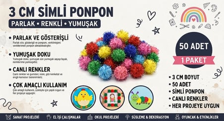 Simli Ponpon 3 cm 50 Adet Karışık Renk Pon Pon Kreş Okul Etkinliği
