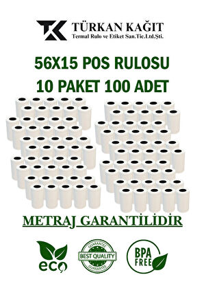 56x15 Termal Rulo - Yazarkasa Pos Rulosu - 10 Paket 100 Adet