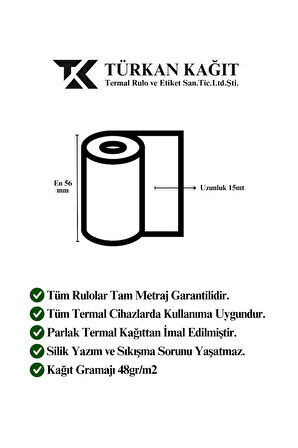 56x15 Termal Rulo - Yazarkasa Pos Rulosu - 10 Paket 100 Adet