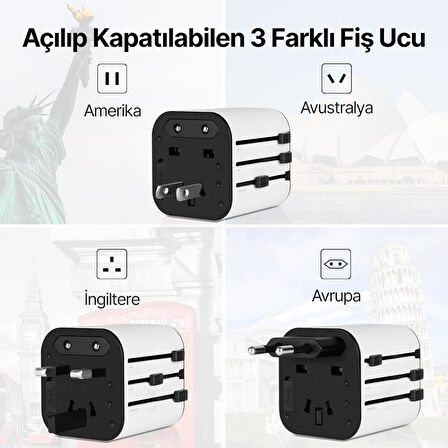 Ttec Şarj Akım Korumalı 10A/250V Amerikan İngiltere Avrupa Tipi Priz Dönüştürücü Seyahat Adaptörü