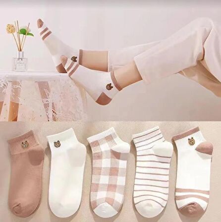 5 Çift Sevimli kahve Desenli Kadın/kız çorap dikişli ayak bileği düşük kesim genç Çorabı  36-40