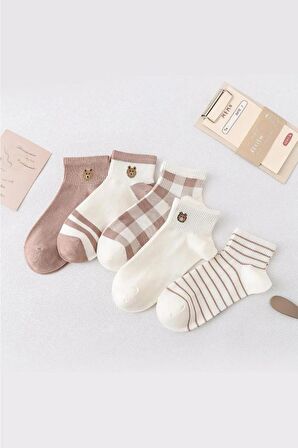 5 Çift Sevimli kahve Desenli Kadın/kız çorap dikişli ayak bileği düşük kesim genç Çorabı  36-40