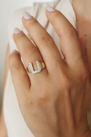 Altın Taşlı U Harf Yüzük