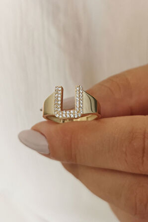 Altın Taşlı U Harf Yüzük