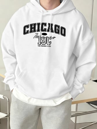 Chicago Letter Yaratıcılık Baskılı Tişörtü Erkek Trendy Gevşek Spor Giyim Sıcak Temel Kapüşon
