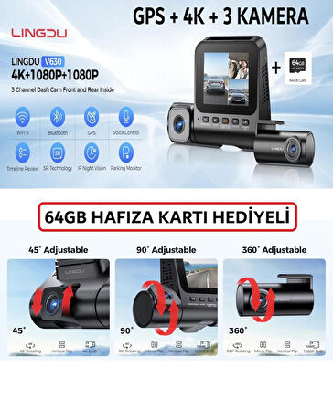 LİNGDU 4K+GPS + WİFİ 6 + SÜPER KAPASİTOR+SESLİ KOMUT+PARK MODU+GECE MODU+ARAÇ İÇİ KAMERA