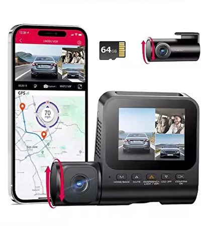 LİNGDU 4K+GPS + WİFİ 6 + SÜPER KAPASİTOR+SESLİ KOMUT+PARK MODU+GECE MODU+ARAÇ İÇİ KAMERA