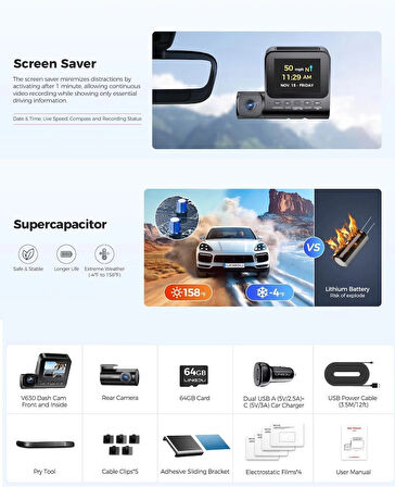 LİNGDU 4K+GPS + WİFİ 6 + SÜPER KAPASİTOR+SESLİ KOMUT+PARK MODU+GECE MODU+ARAÇ İÇİ KAMERA