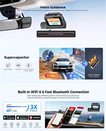 LİNGDU 4K+GPS + WİFİ 6 + SÜPER KAPASİTOR+SESLİ KOMUT+PARK MODU+GECE MODU+ARAÇ İÇİ KAMERA