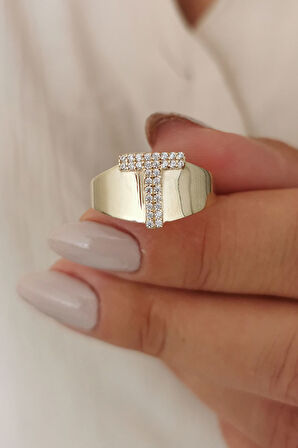 Altın Taşlı T Harf Yüzük