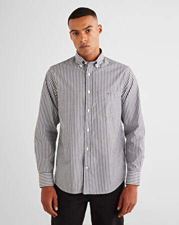 GANT Erkek Siyah Regular Fit Düğmeli Yaka Çizgili Poplin Gömlek