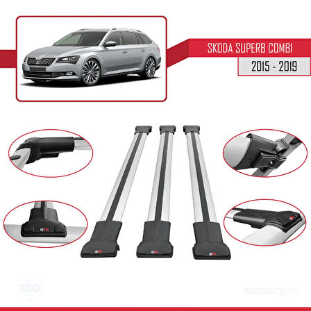 Skoda Superb 3 (3V) Combi Pre-Facelift 2015-2019 Arası ile Uyumlu FLY Model Ara Atkı Tavan Barı Gri 3 Adet