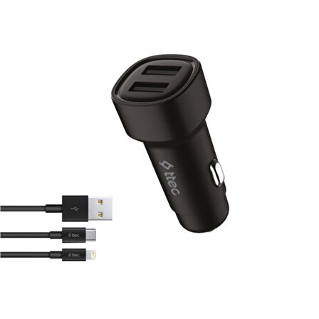 Ttec Şarj Akım Korumalı 15.5W Çift USB Girişli Type-c Ve İphone Kablolu Araç Şarjı Araç Çakmaklık 