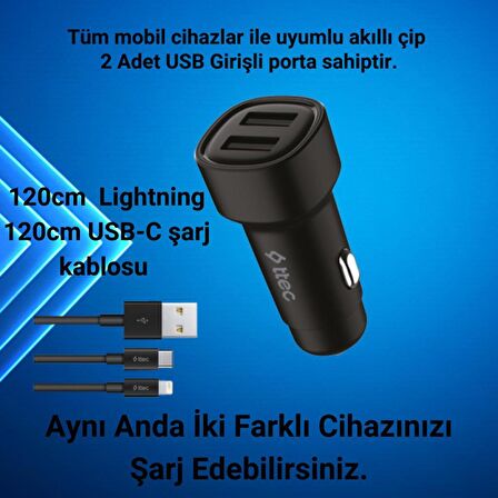 Ttec Şarj Akım Korumalı 15.5W Çift USB Girişli Type-c Ve İphone Kablolu Araç Şarjı Araç Çakmaklık 
