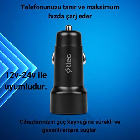 Ttec Şarj Akım Korumalı 15.5W Çift USB Girişli Type-c Ve İphone Kablolu Araç Şarjı Araç Çakmaklık 
