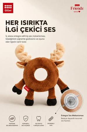 Plush Friendz Serisi Sesli Simit Geyik Peluş Köpek Oyuncağı - Küçük Irk ve Yavru Köpekler İçin Çiğneme Oyuncağı