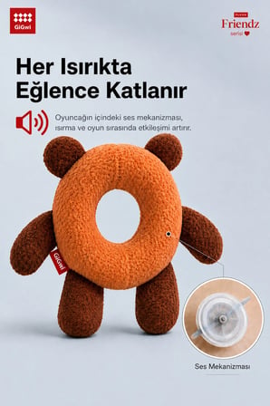 Plush Friendz Serisi Sesli Simit Ayı Peluş Köpek Oyuncağı - Küçük Irk ve Yavru Köpekler İçin Çiğneme Oyuncağı