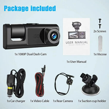 Araç içi 3 Kameralı 1080p /2.0 inç Lcd Ekranlı /Gece Görüşlü /Geri Görüş/ G-sensör /Hareket algılama