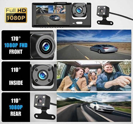 Araç içi 3 Kameralı 1080p /2.0 inç Lcd Ekranlı /Gece Görüşlü /Geri Görüş/ G-sensör /Hareket algılama