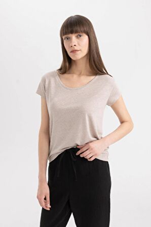 DeFacto Regular Fit Bisiklet Yaka Keten Karışımlı Basic Düz Kısa Kollu Tişört C8806AX24SMBG130