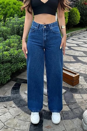 Jeannine Kadın Jeans Koyu Mavi Yüksek Bel Palazzo Salaş Bol Paça Denim Kot Pantolon BEEKEPLZKMAV-01